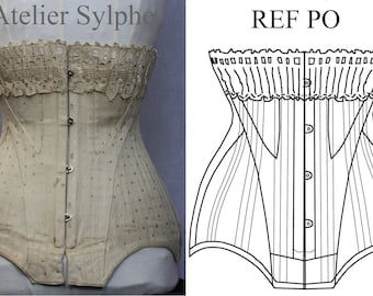 Pode incluir: Um corpete de algodão branco com um top de renda e um padrão de pequenos pontos. O corpete tem um fecho frontal com ganchos e ilhós de metal. A imagem também mostra um desenho de linha de um corpete com o texto "REF PO".