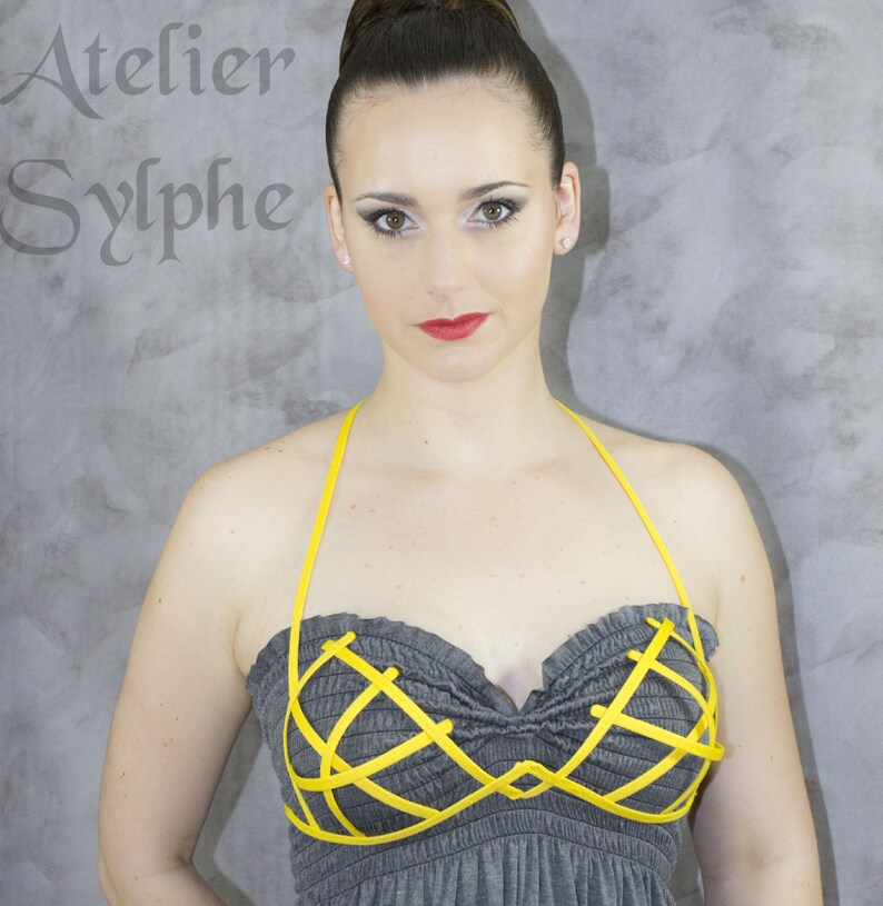 Bra in yellow color criss cross crinoline grid with ribbon end for fantasy fancy party unique woman size image 1