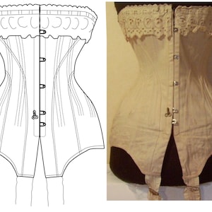 May include: A white cotton corset with a lace trim and metal hooks and eyes. The corset has a long, pointed shape and is designed to cinch the waist.