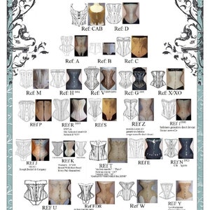 Op de afbeelding: Een tabel met corsetpatronen van Atelier Sylphe Corsets. De tabel toont 24 verschillende corsetpatronen, elk met een uniek ontwerp en een referentienummer. De patronen zijn gelabeld met hun referentienummers en sommige bevatten extra informatie zoals het jaar waarin het patroon is gemaakt of de naam van de corsetmaker.