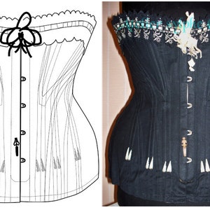 Peut inclure: Un corset noir avec des baleines blanches et une garniture décorative autour du haut. Le corset est lacé sur le devant avec des crochets et des œillets en métal.