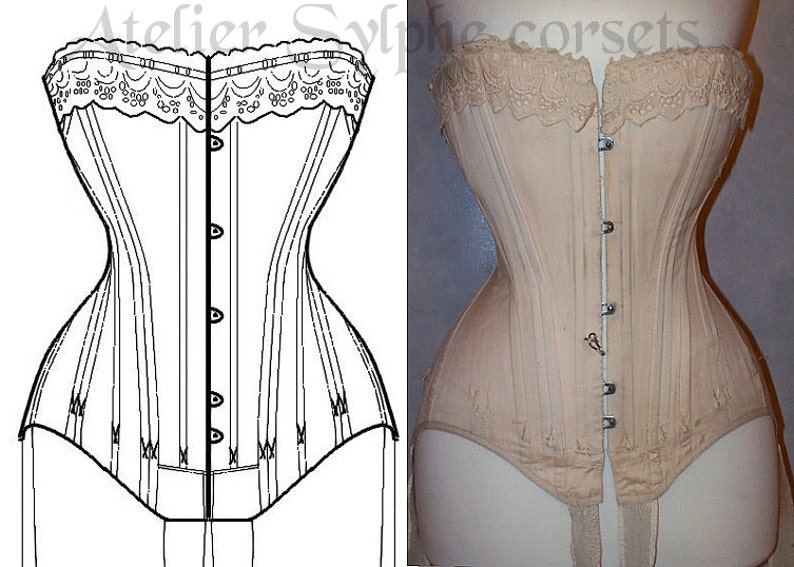 May include: A black and white line drawing of a corset with a beige corset on a mannequin beside it. Both corsets have a lace trim at the top and are closed with a row of buttons down the front.