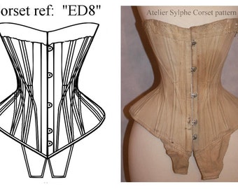 May include: A black and white line drawing of a corset pattern labelled "Corset ref: "ED8"" next to a beige corset on a dress form. The corset has a lace trim at the top and is made of a ribbed fabric.