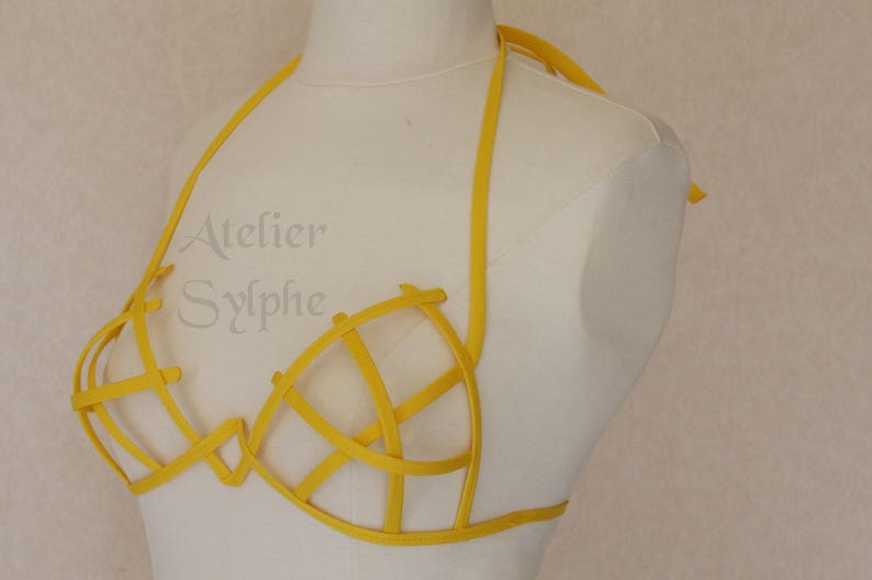 Bra in yellow color criss cross crinoline grid with ribbon end for fantasy fancy party unique woman size image 8