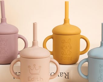 Vaso de silicona con pajita y nombre personalizado para bebé, vaso de silicona personalizado, vaso de entrenamiento para niños pequeños, regalo para bebé, regalo para recién nacido, regalo para bebé