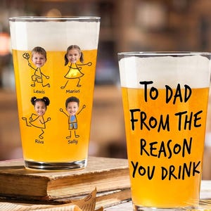 Personligt fars dag-ölglas med barns ansikten, personlig pappapresent från barn, roligt pappa-pintglas, present till pappa från barn