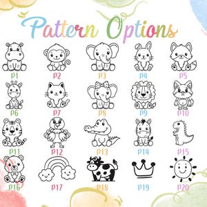 K&ouml;nnte beinhalten: Ein farbenfrohes Bild mit dem Text "Pattern Options" &uuml;ber einer Sammlung von 20 schwarz-wei&szlig;en Cartoon-Tierillustrationen, darunter ein Nilpferd, ein Affe, ein Elefant, ein Kaninchen, ein Fuchs, eine Giraffe, eine Katze, ein L&ouml;we, ein Zebra und ein Dinosaurier.