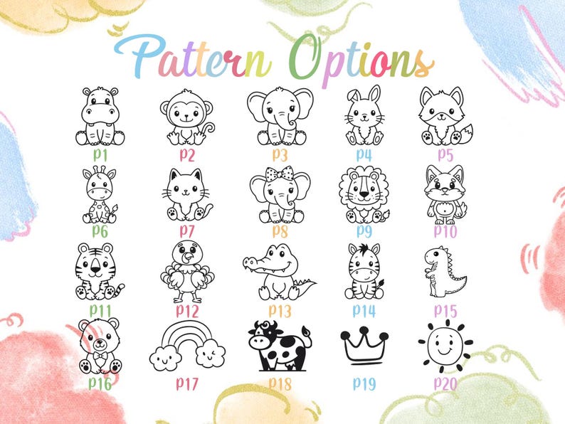 K&ouml;nnte beinhalten: Ein farbenfrohes Bild mit dem Text "Pattern Options" &uuml;ber einer Sammlung von 20 schwarz-wei&szlig;en Cartoon-Tierillustrationen, darunter ein Nilpferd, ein Affe, ein Elefant, ein Kaninchen, ein Fuchs, eine Giraffe, eine Katze, ein L&ouml;we, ein Zebra und ein Dinosaurier.