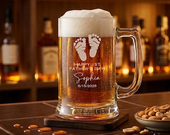 Personalized First Father’s Day Beer Glass, Custom New Dad Gift, Baby Footprint Beer Mug, Father’s Day Gift From Baby, Dad Keepsake Gift