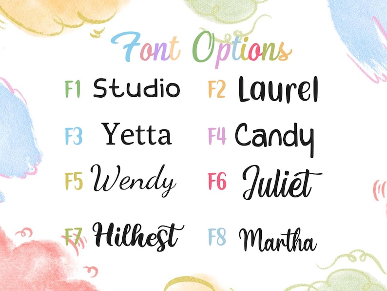 K&ouml;nnte beinhalten: Grafik mit Schriftoptionen, betitelt mit "Font Options" in farbigen Buchstaben. Acht verschiedene Schriftarten werden gezeigt, jede mit einem Namen und einer Nummer, darunter Studio, Laurel, Yetta, Candy, Wendy, Juliet, Hilhest und Martha.