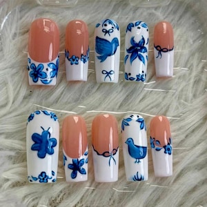 Handmade Blue and White Porcelain Floral Bird Press On Nails for Summer | Elegant Reusable Glue On Nails | Unique Hand Painted Nail Art