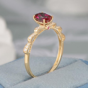 Vintage Oval Ruby Engagement Ring Milgrain Diamond Ring Double Split Shank Moissanite Ring Open Scroll Romantic Anniversary Gift For Her