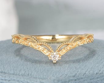 Vintage Filigree Fit Wedding Band Moissanite Solid Yellow Gold Curved Matching Band Chevron Ring V Shape Thin Engraved Leaf Milgrain Ring