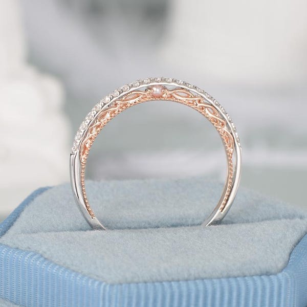 Diamond Pearl Wedding Band Filigree Celtic Half Eternity Band Two Tones Gold Custom Birthstone Band Pave Diamond Vintage Twig Matching Band