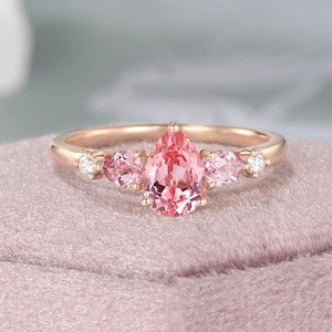 Vintage Three Stone Ring Pink Sapphire Engagement Ring Rose Gold Unique Cluster Ring Pear Padparadscha Wedding Ring for Women Custom Ring