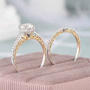 Vintage Keltische 1-4CT Runde Moissanite Braut Set Solide zweifarbige Gold Ehering Halb Eternity Ring Peekaboo Birthstone Verlobungsring Set