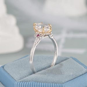 Hexagon Moissanite Hidden Halo Engagement Ring Vintage Two tone Setting Architecture Inspired Engraved Geometric Ring Birthstone Bridal Ring