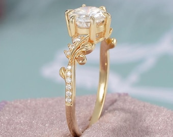 Fairy 1CT Round Cut Engagement Ring Solid Yellow Gold Wedding Ring Natural Inspired Ring Leaf Flower Ring Vintage Promise Ring Gift for Her