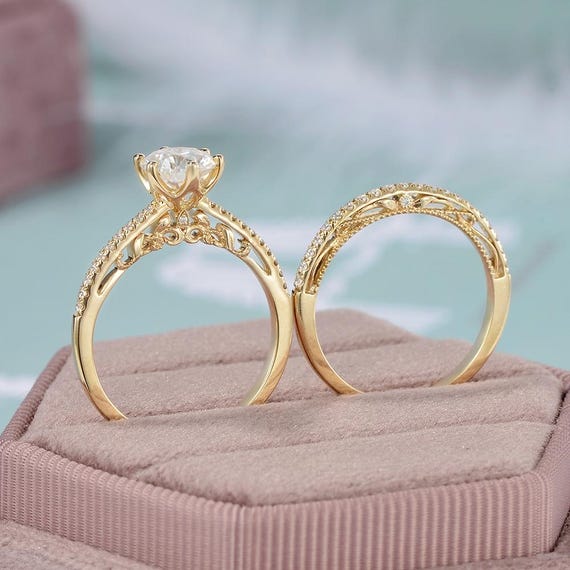 Vintage Engagement Ring Set Yellow Gold Custom Birthstone Ring Two