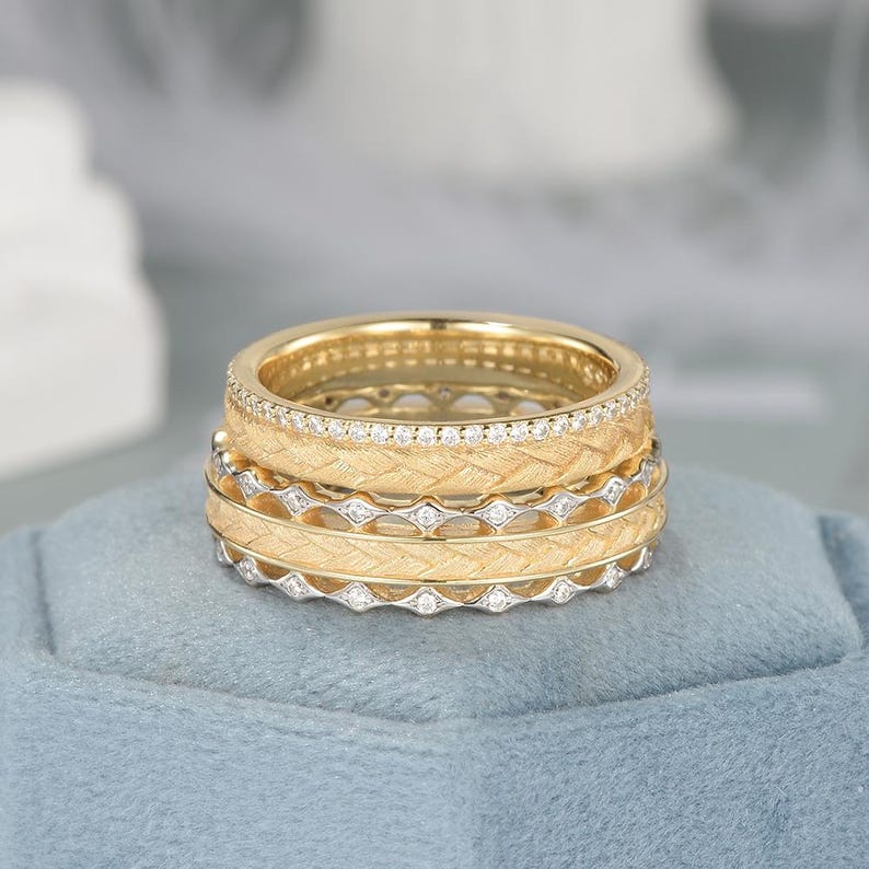 Brushed Unique Two Tones Couple Rings Set Yellow Gold Matching Wedding ...