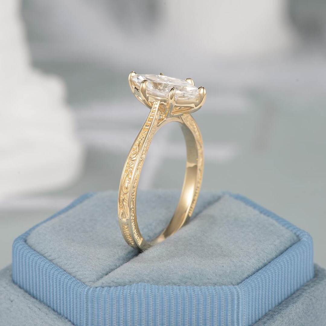 1.5CT Art Deco Engraved Marquise Cut Moissanite Engagement Ring Yellow ...