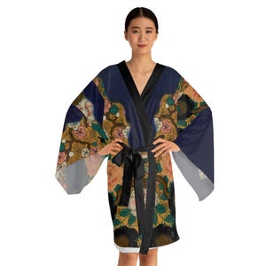 Kimono tradizionale giapponese con stampa a motivo kimono, con motivo a paravento pieghevole di Kyoto. Elegante abito floreale. Kimono a maniche lunghe, comodo.