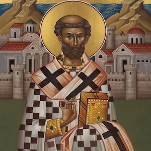 May include: An icon of Saint Augustine of Hippo, featuring a man with a halo, holding a book. He wears a checkered robe with black crosses. The background shows a city with red-roofed buildings and a mountain range, with the text "SAINT AUGUSTINE OF HIPPO" at the top.