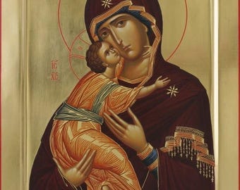 Icono artesanal de Nuestra Señora de Vladimir de 8 x 10 pulgadas