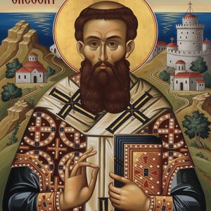 Könnte beinhalten: Ein religiöses Ikonenbild von Heiliger Gregor Palamas mit dem Text 'SAINT GREGORY PALAMAS'. Die Figur hat einen braunen Bart, trägt verzierte gemusterte Gewänder und hält ein Buch. Der Hintergrund zeigt eine Küstenlandschaft mit Gebäuden.