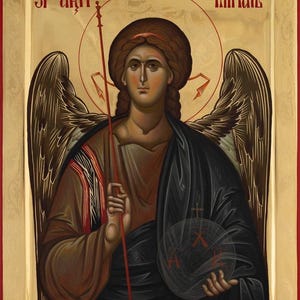 May include: An icon of an angel with a halo, holding a red staff and a globe. The angel wears a dark cloak and brown robes. The background is gold with red accents and text in red.