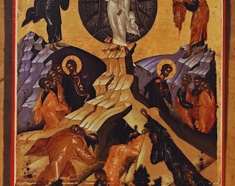 イエス・キリストの変容イコン：手描きの正教会美術、磨かれた金/宗教