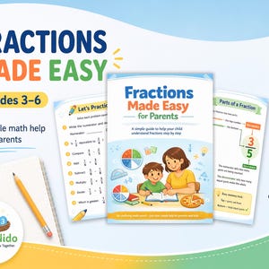 Op de afbeelding: Afbeelding van educatief materiaal getiteld "Fractions Made Easy" voor de groepen 3-6. De afbeelding bevat een boek, werkboekpagina's en een notitieboek met een potlood. De omslag van het boek toont een moeder en kind die breuken leren. Het MathNido-logo is zichtbaar.