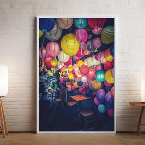 Vibrant Glowing Colorful Lantern Illuminating Night Market Scene Wall Art Digital Print Festive Living Room Decor Unique Housewarming Gift