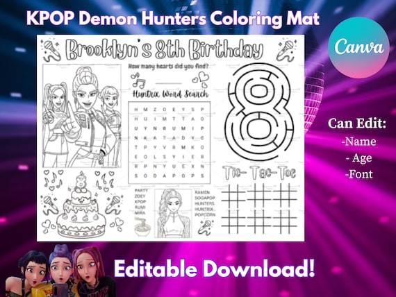 K-POP Demon Hunters Digital Coloring Mat | 8.5x11” Editable Birthday Activity | Printable Party Favor
