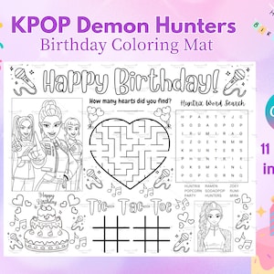 Tapete para colorear de cumpleaños de Cazadores de Demonios KPOP – 8.5” x 11” (digital e imprimible)