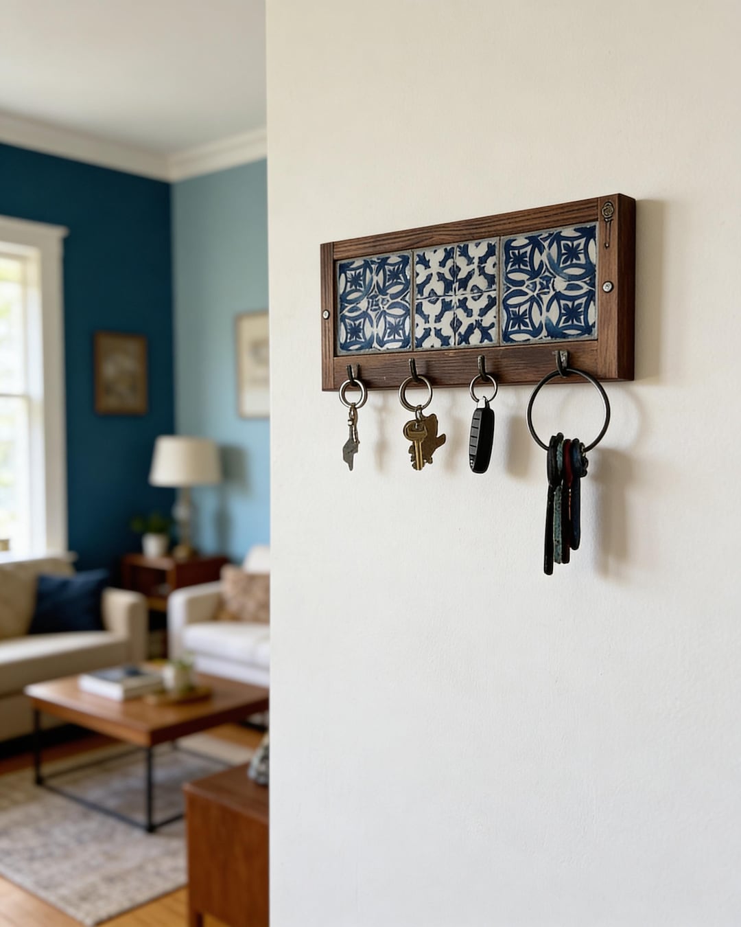 Rustic Wooden Key Holder with Spanish Tile & Bronze Hooks