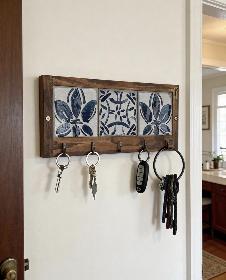 Rustic Wooden Key Holder With Spanish Tile & Bronze Hooks - Etsy