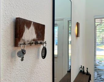 Rustic Key Holder | Antique Bronze Keys on Wood & Cowhide | Western Wall Decor