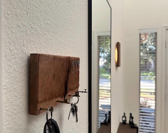 Rustic Key Holder | Antique Bronze Keys on Wood & Cowhide | Western Wall Decor
