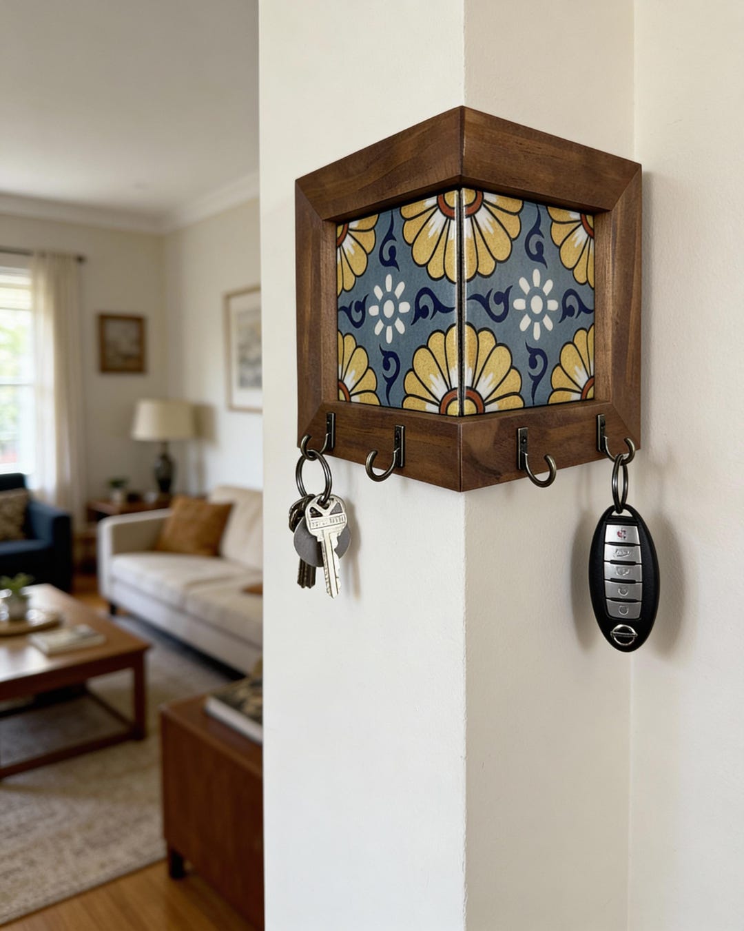 Cornwell Key Rack Wooden Corner Key Rack With Spanish Tile Accent - Etsy