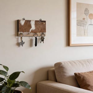 May include: A wall-mounted key holder with a cowhide design. The key holder features a rectangular wooden base with a brown and white cowhide pattern. Three metal hooks are attached to the bottom, each holding a set of keys. A decorative key-shaped accent is on the right.