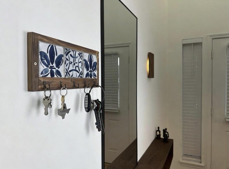 Rustic Wooden Key Holder With Spanish Tile & Bronze Hooks - Etsy