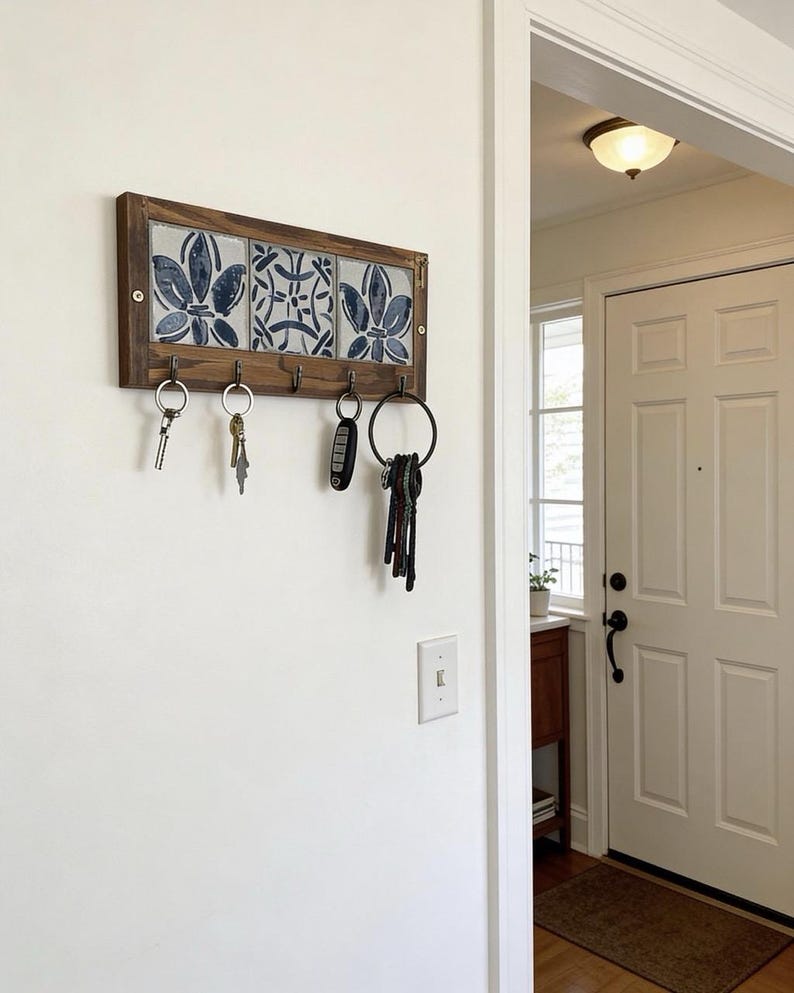 Rustic Wooden Key Holder With Spanish Tile & Bronze Hooks - Etsy