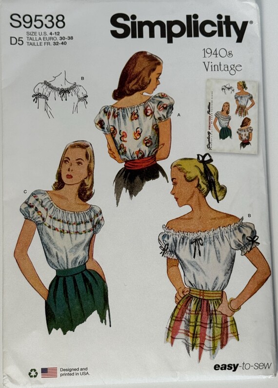 Simplicity 9538 Vintage 1940s Peasant Blouse Sewing Pattern Retro