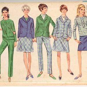 May include: Vintage Simplicity sewing pattern showing six illustrated women's fashion designs. The designs include suits, dresses, and separates in various colours and patterns, including plaid and stripes. The pattern is labelled "Miss Size 12 Bust 32".