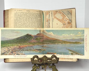Antique 1909 Italy Travel Guide Book w Fold-Out Maps & Postcard Edwardian European Travel Handbook | Italy Tourism Book Vintage Red Cloth