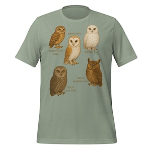 Owl Species T-Shirt, Birdwatcher Owl Lover Shirt, Barn Snowy Great Horned Owl Tee, Nature Bird Gift, Unisex Wildlife Birding Shirt