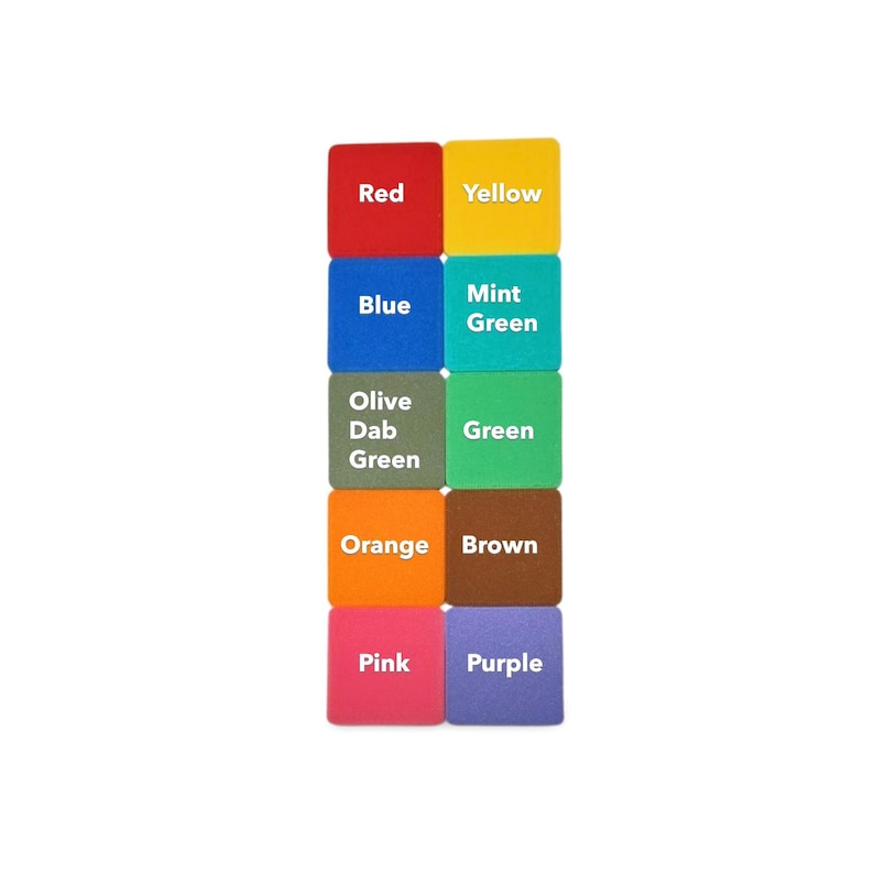 Puede incluir: Una disposici&oacute;n vertical de bloques cuadrados de colores, cada uno etiquetado con un nombre de color diferente. Los colores incluyen rojo, amarillo, azul, verde menta, verde oliva, verde, naranja, marr&oacute;n, rosa y morado. Los bloques est&aacute;n espaciados uniformemente.