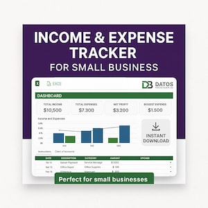 Könnte beinhalten: Ein digitaler Einnahmen- und Ausgaben-Tracker für kleine Unternehmen, mit einem Dashboard, das Gesamteinnahmen, Ausgaben und Gewinn anzeigt. Die Excel-basierte Vorlage enthält ein Diagramm und eine Tabelle mit Finanzdaten. Der Text lautet "Instant Download".