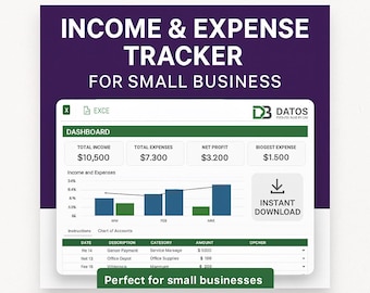 May include: A digital income and expense tracker for small businesses, with a dashboard showing total income, expenses, and profit. The Excel-based template includes a chart and a table with financial data. The text reads "Instant Download."